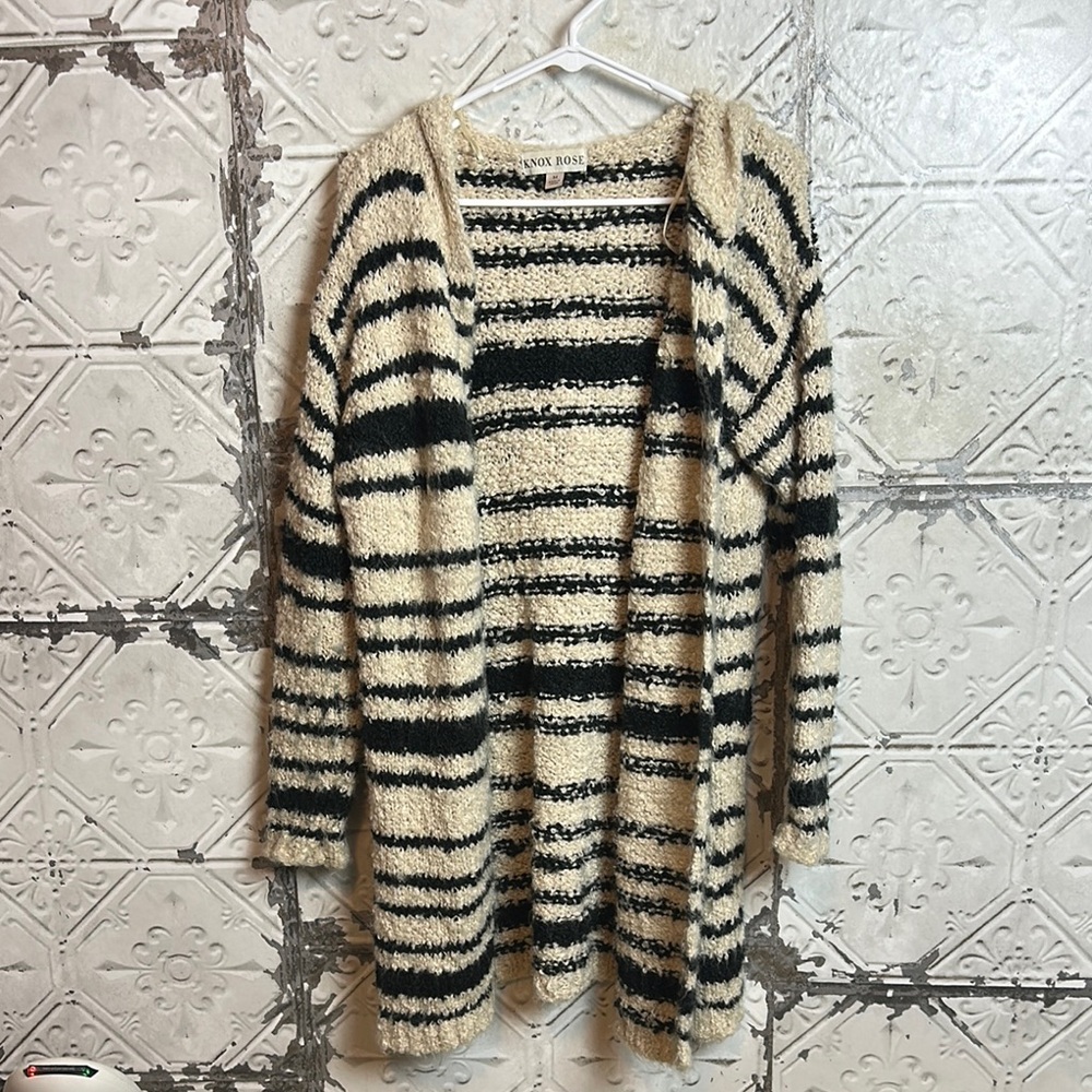 Women's Striped hooded Sweater - Black and Cream